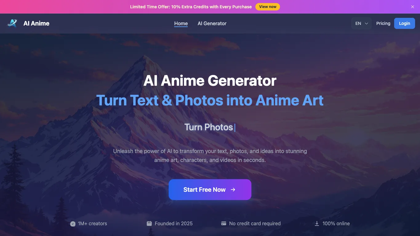 AI Anime official homepage screenshot
