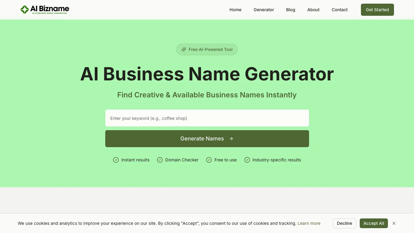 AI Business Name Generator official homepage screenshot