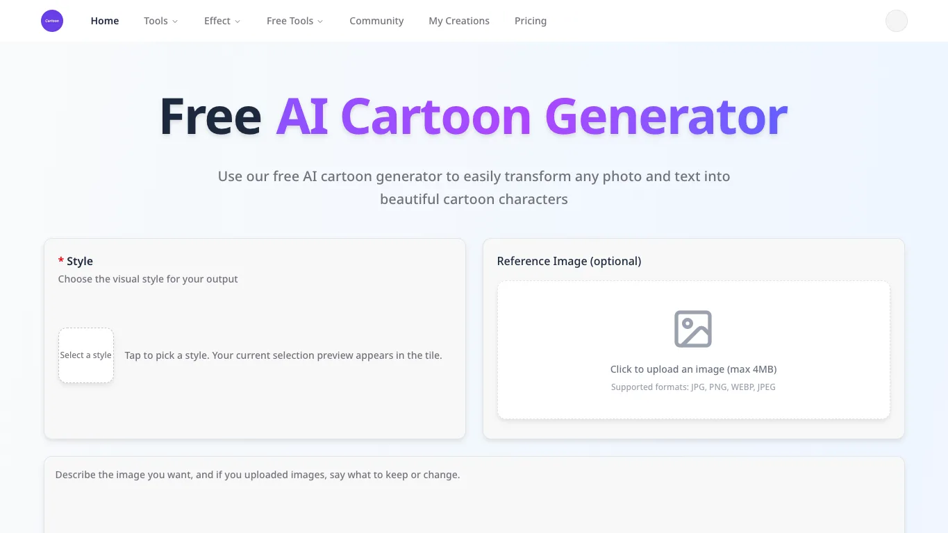 AI Cartoon Generator official homepage screenshot