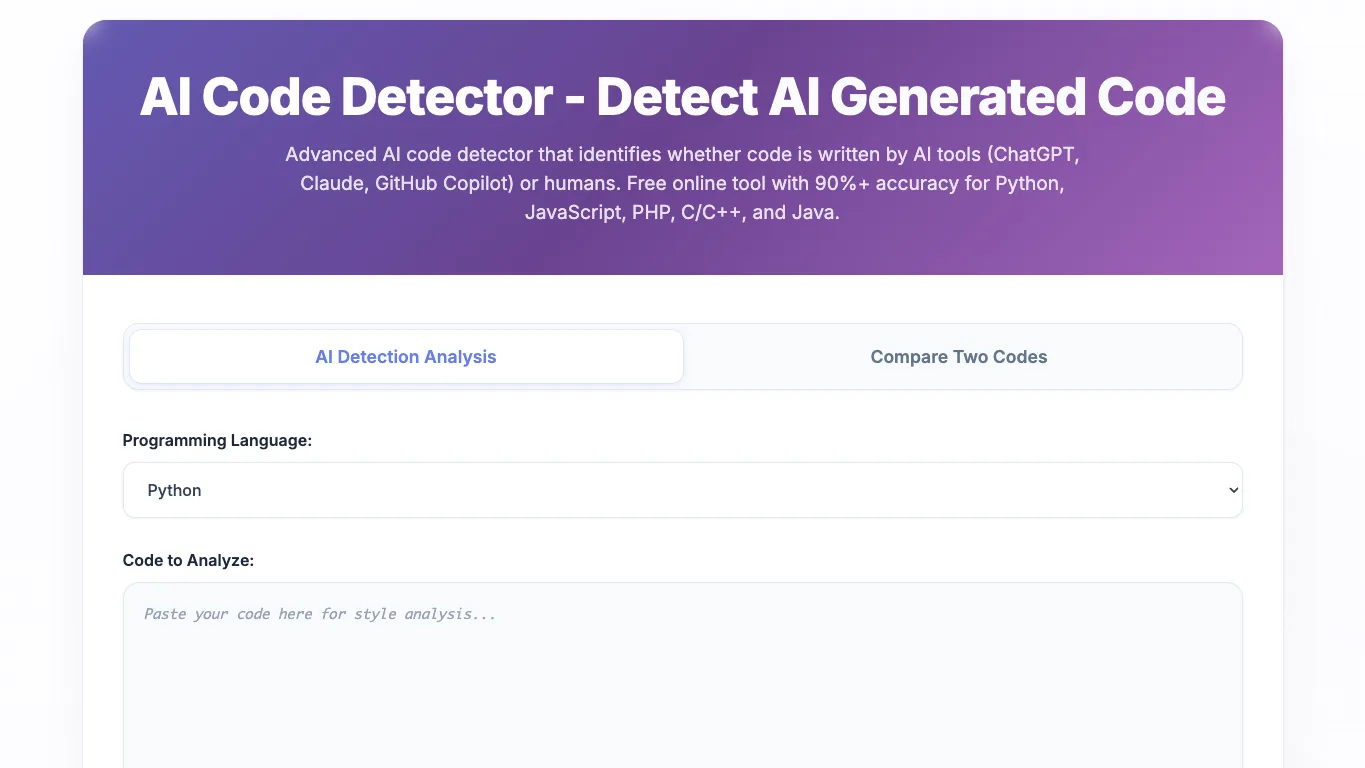 AI Code Detector official homepage screenshot
