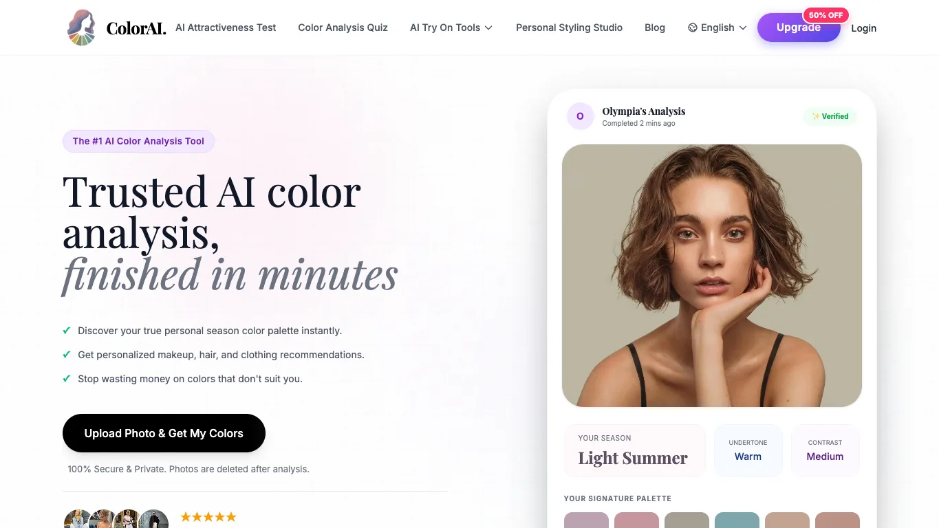 AI Color Analysis official homepage screenshot