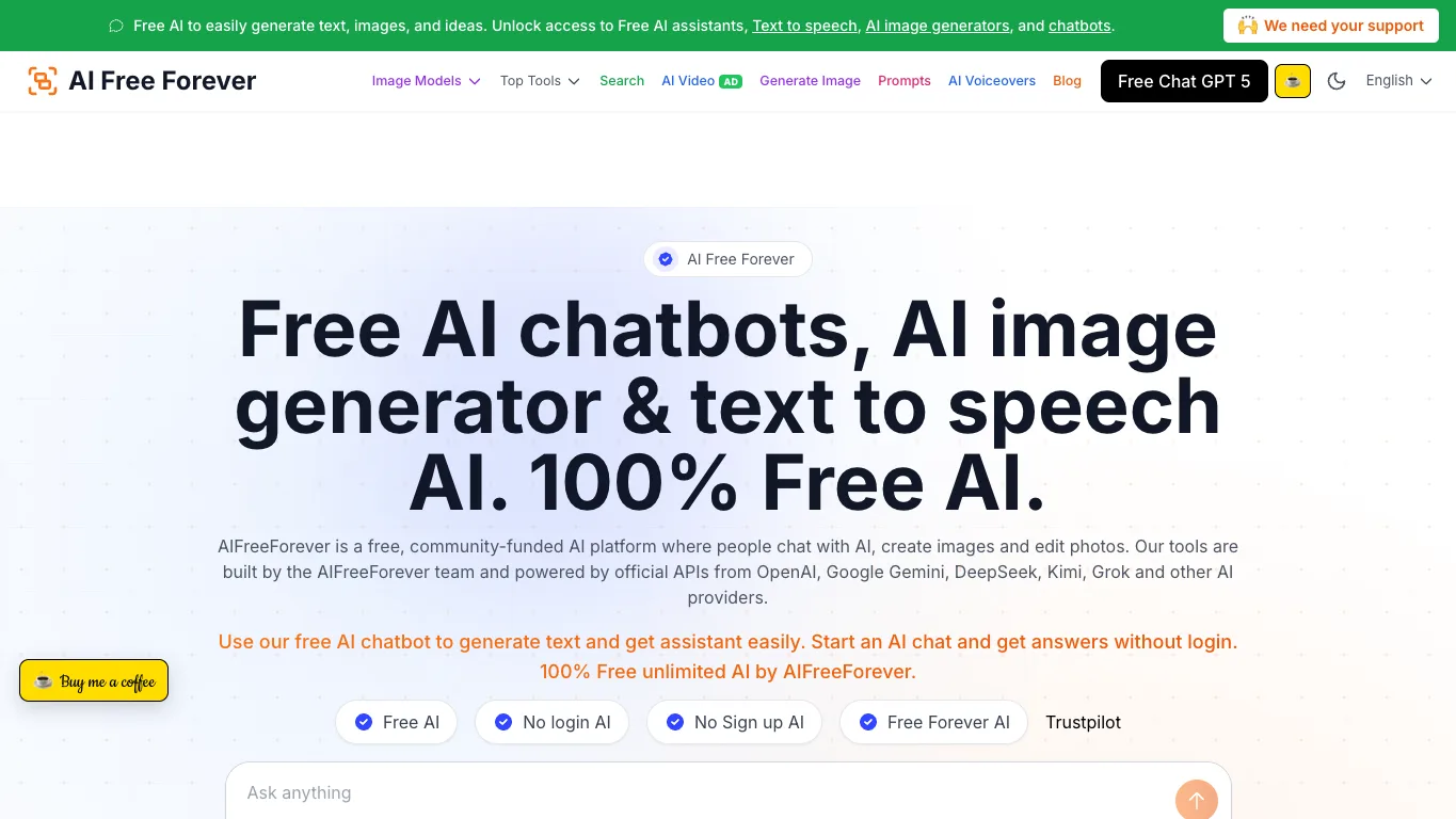 AI Free Forever official homepage screenshot