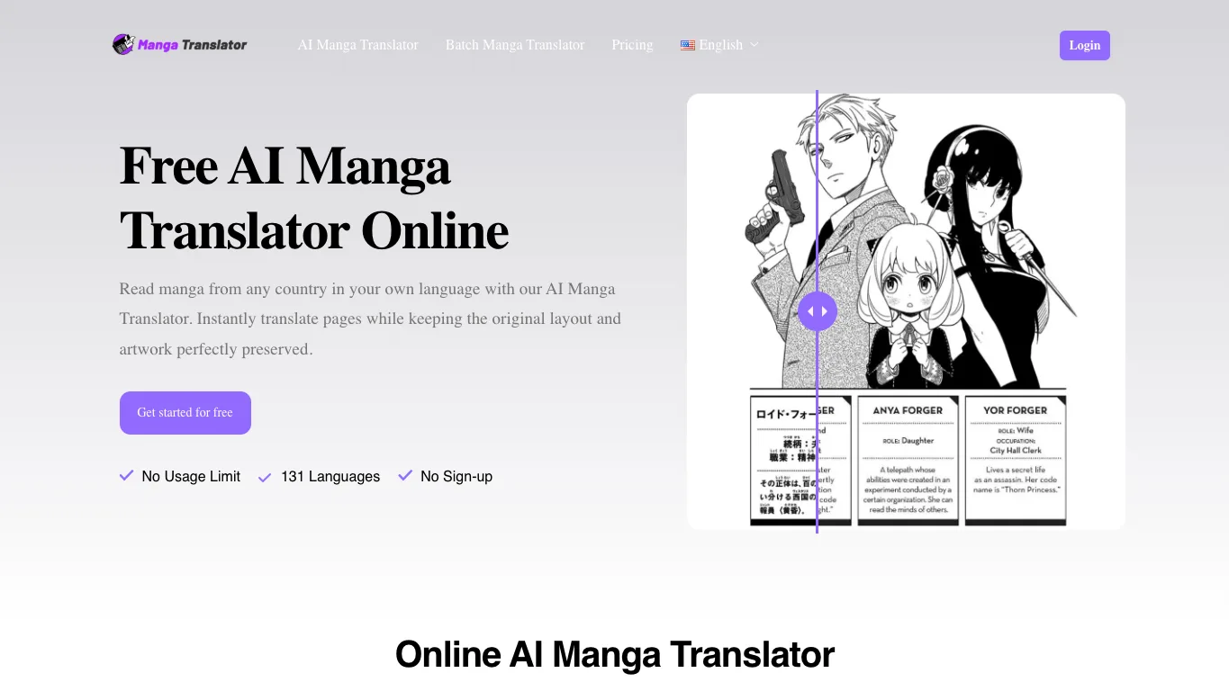 AI Manga Translator official homepage screenshot