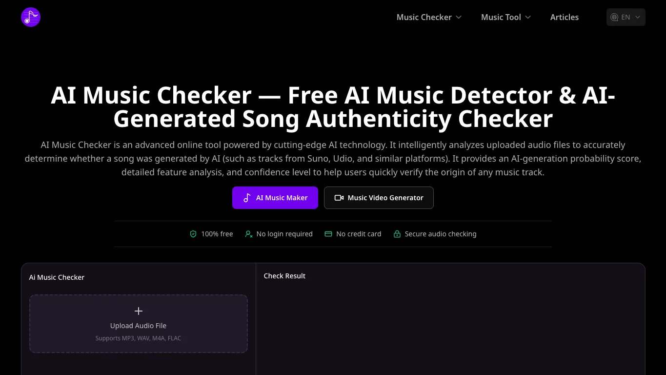 AI Music Checker official homepage screenshot