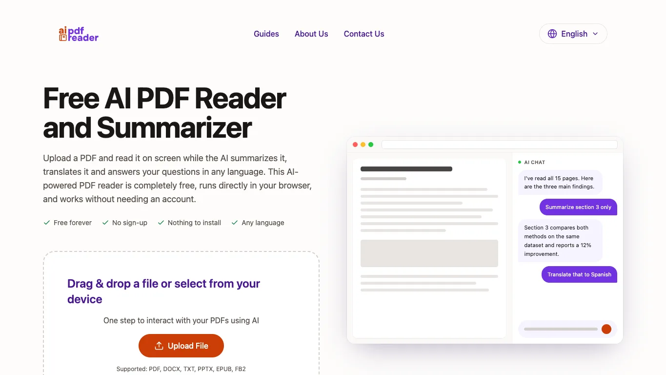 AI PDF Reader official homepage screenshot