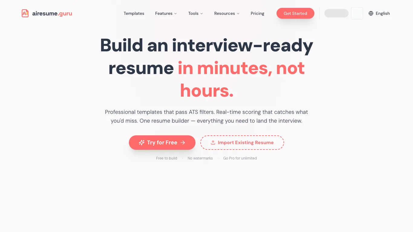 AI Resume Guru official homepage screenshot