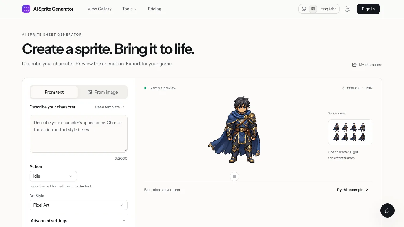 AI Sprite Sheet Generator official homepage screenshot