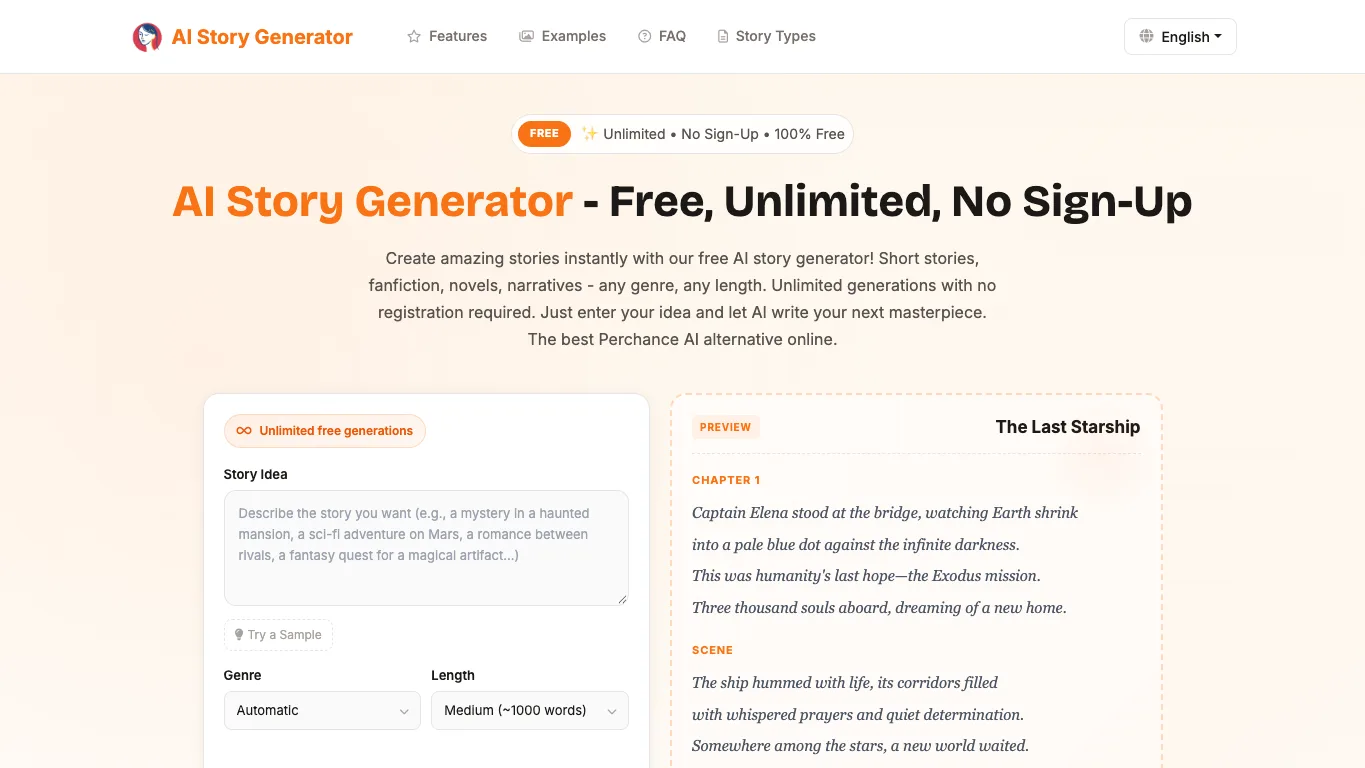 AI Story Generator official homepage screenshot