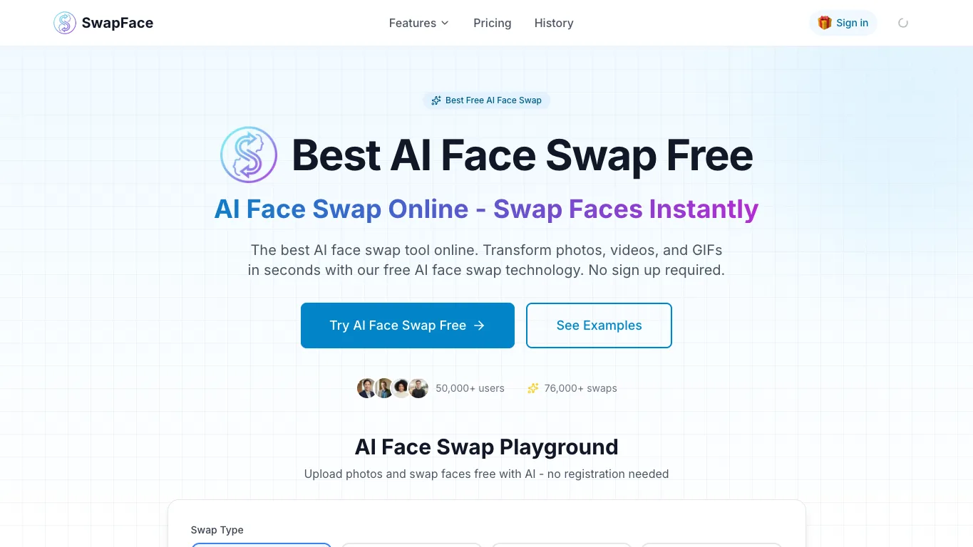 AI SwapFace official homepage screenshot