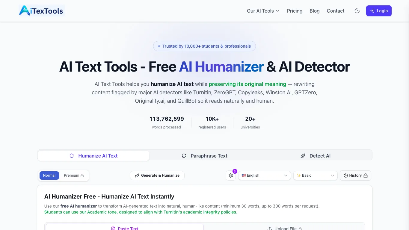 AI Text Tools official homepage screenshot