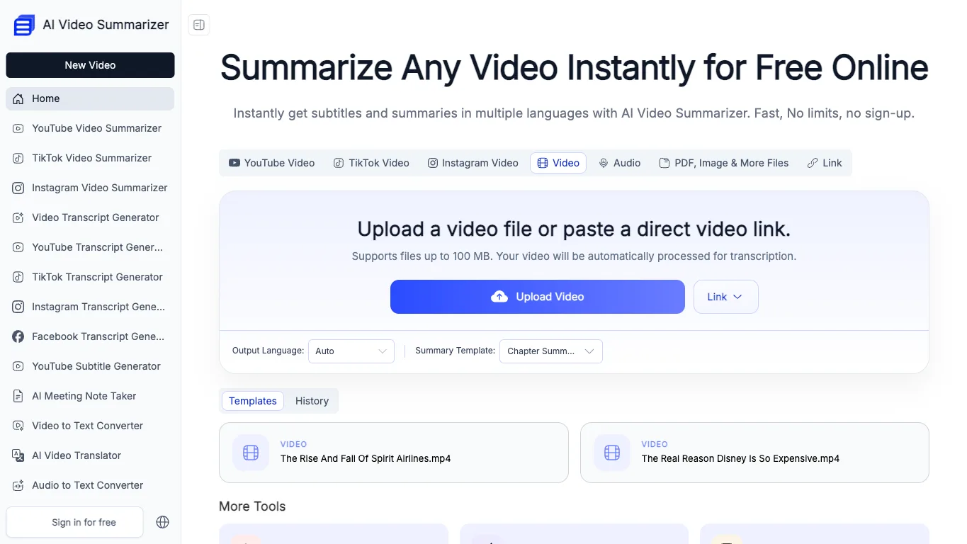 AI Video Summarizer official homepage screenshot