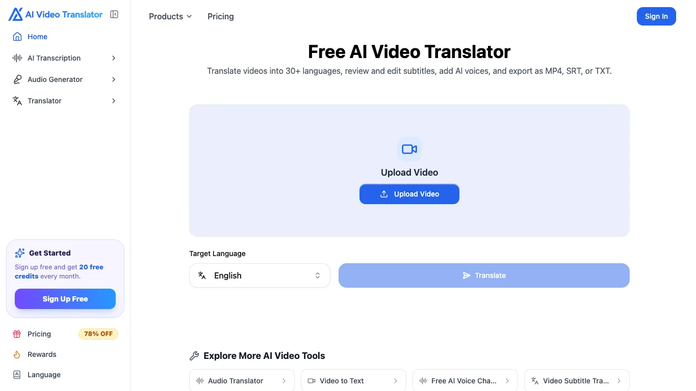 AI Video Translator official homepage screenshot
