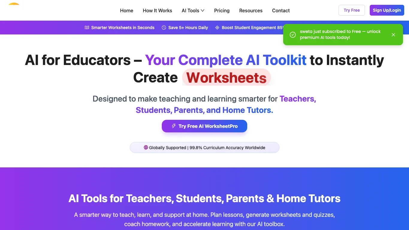 AI WorksheetPro official homepage screenshot
