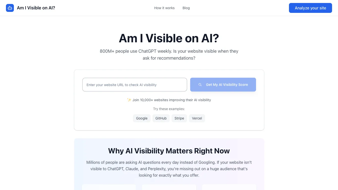 AI Visibility Checker official homepage screenshot