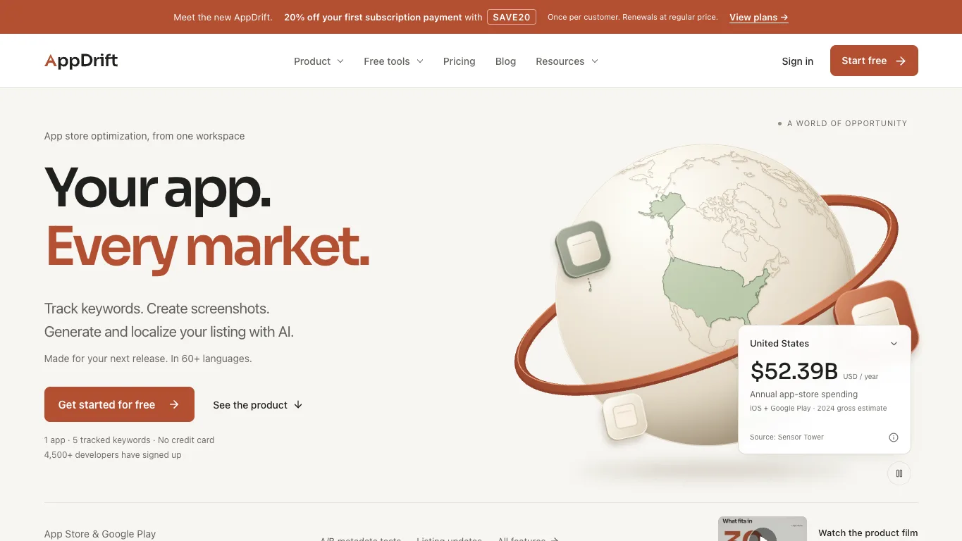 AppDrift official homepage screenshot