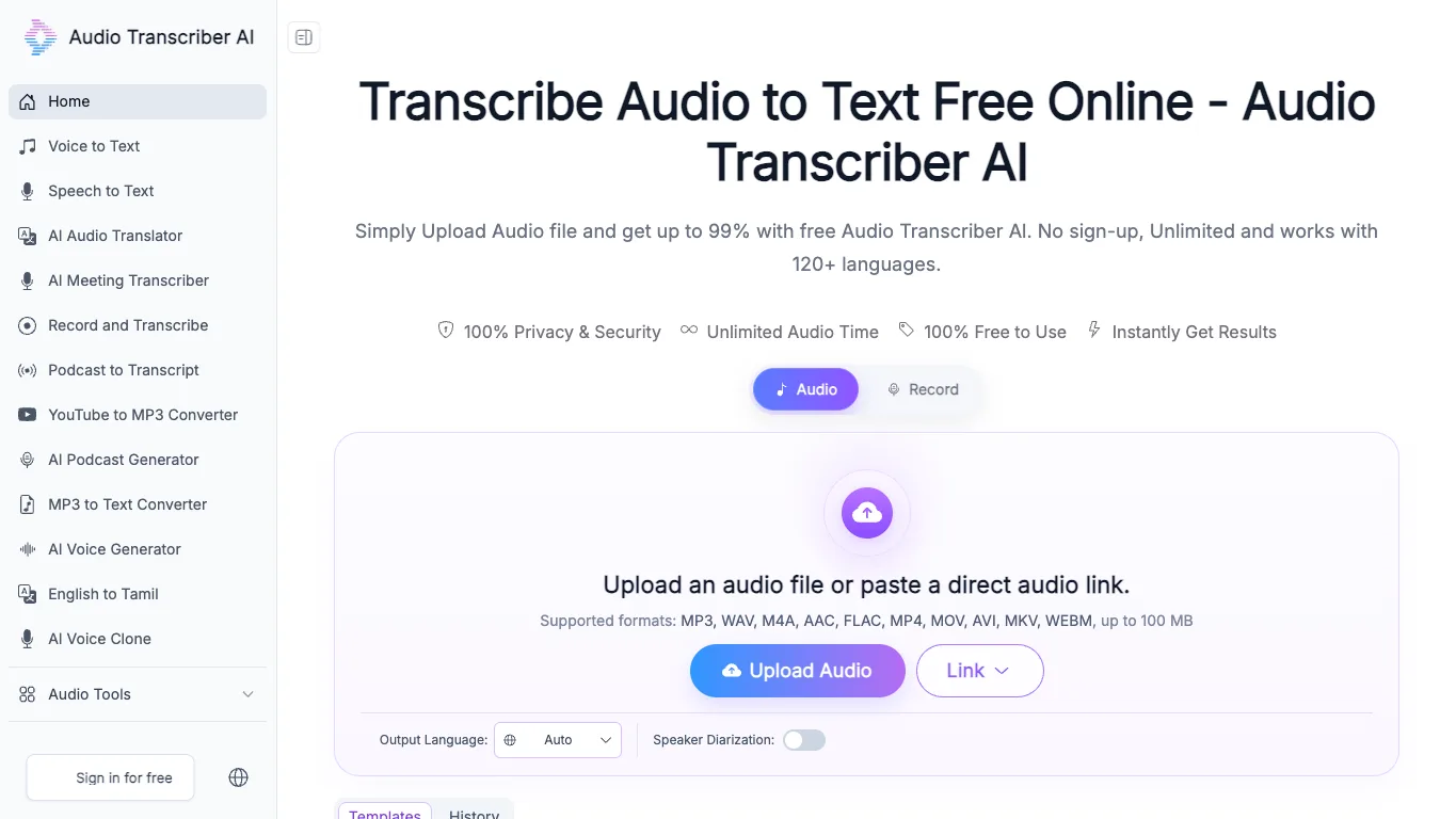 Audio Transcriber AI official homepage screenshot