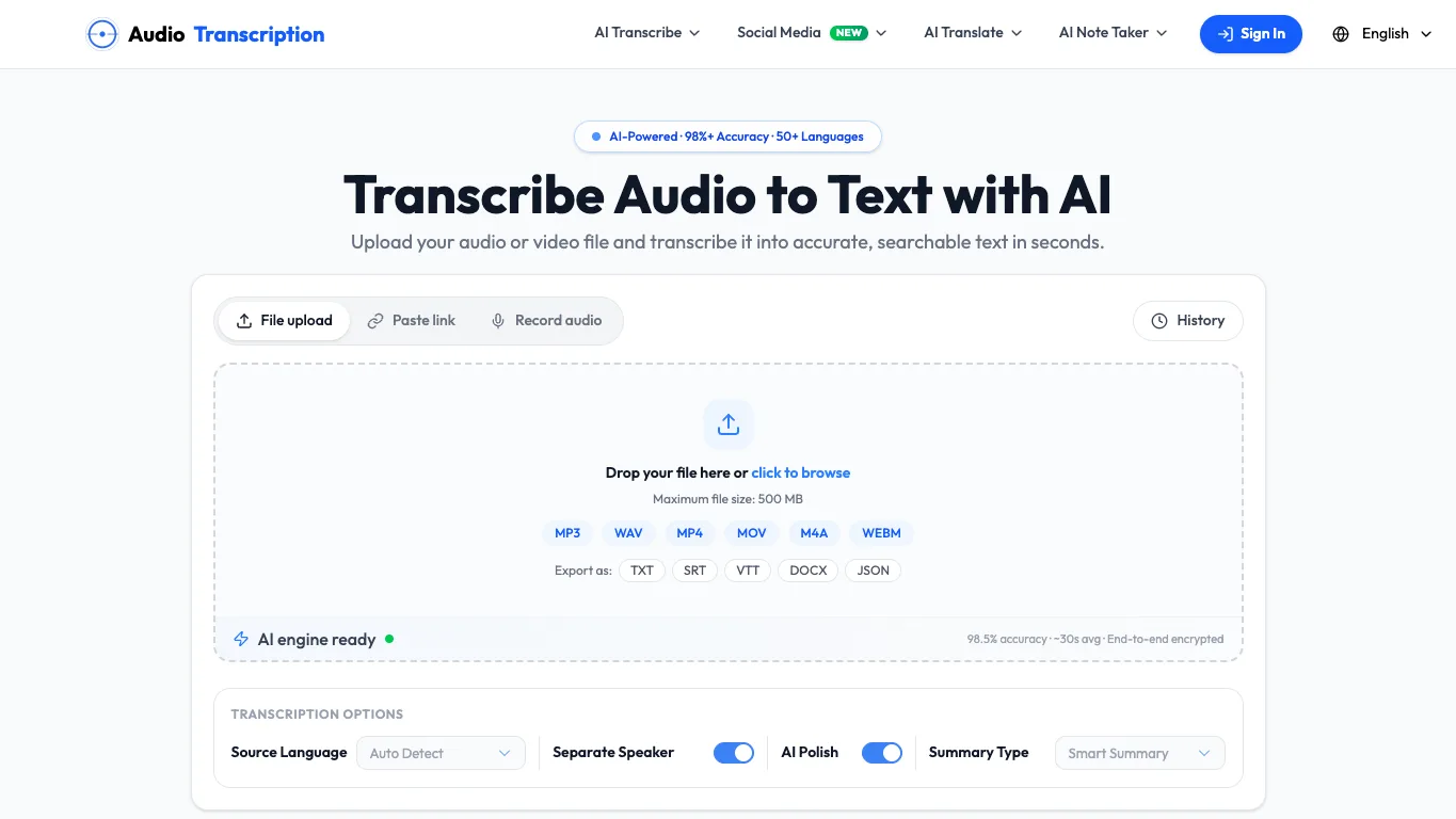 AudioTranscription.io official homepage screenshot