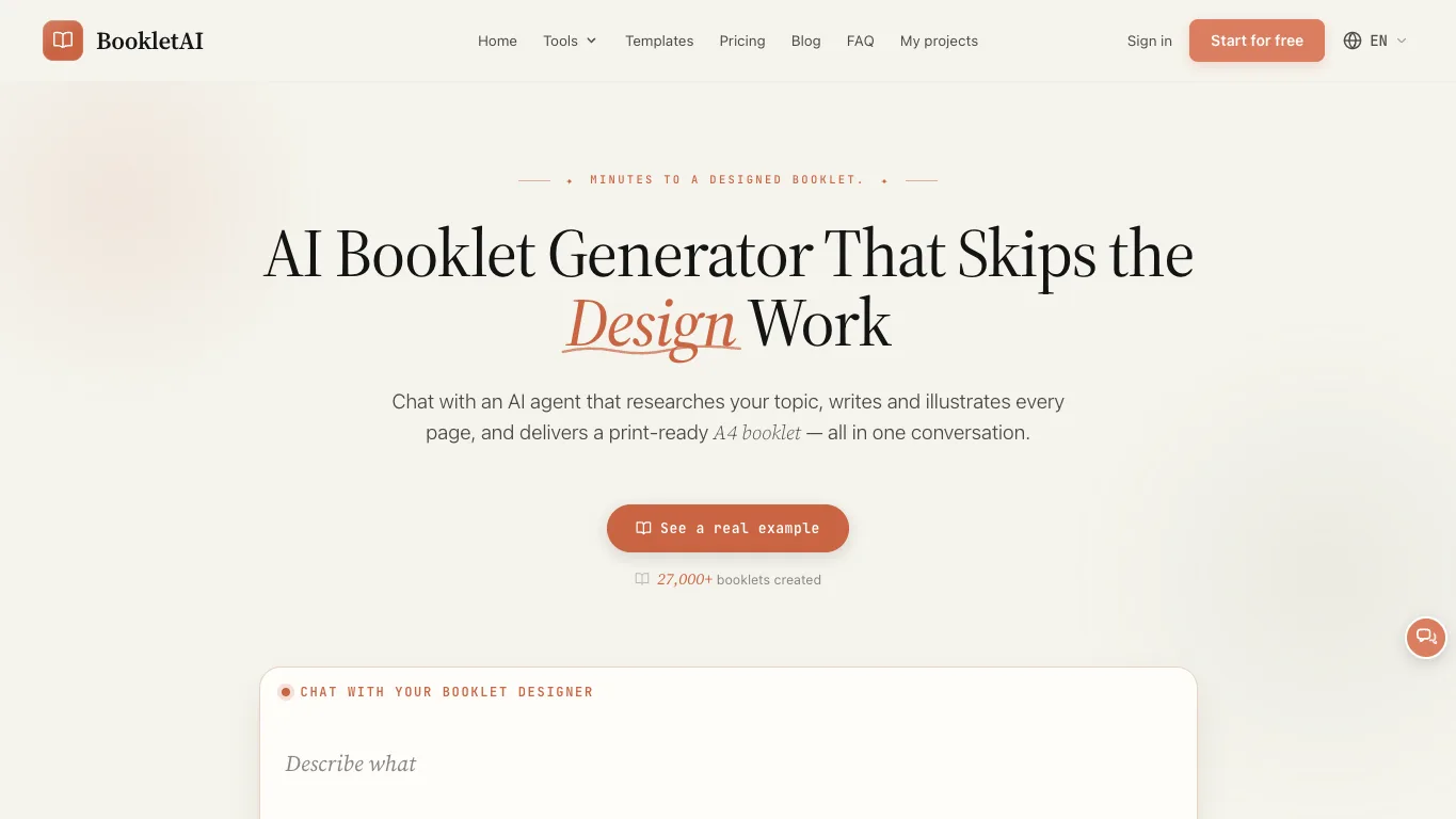 AI Booklet Generator official homepage screenshot