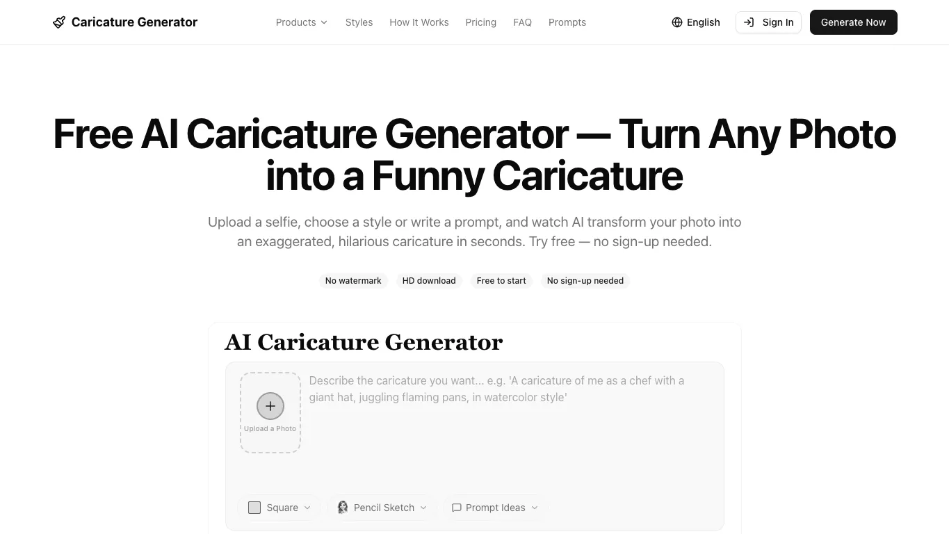 Caricature Generator official homepage screenshot
