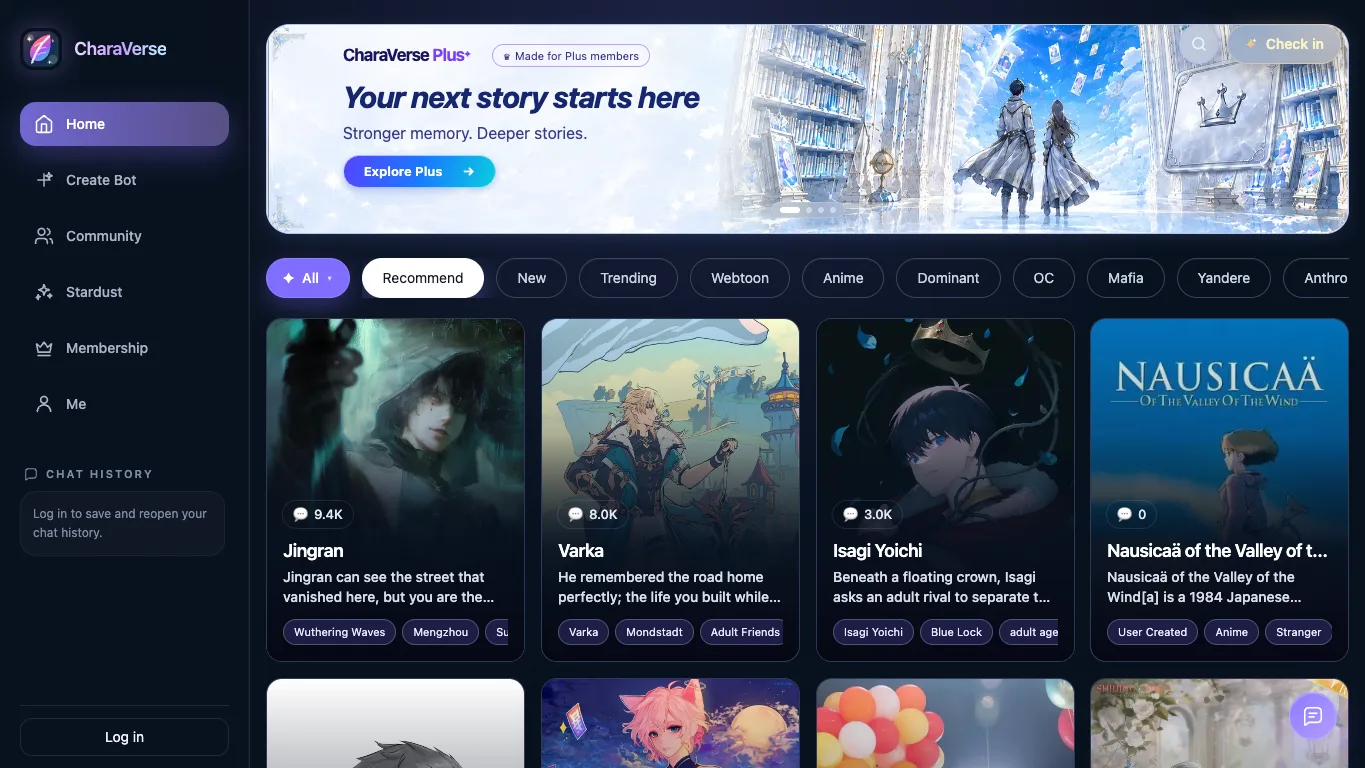 CharaVerse official homepage screenshot