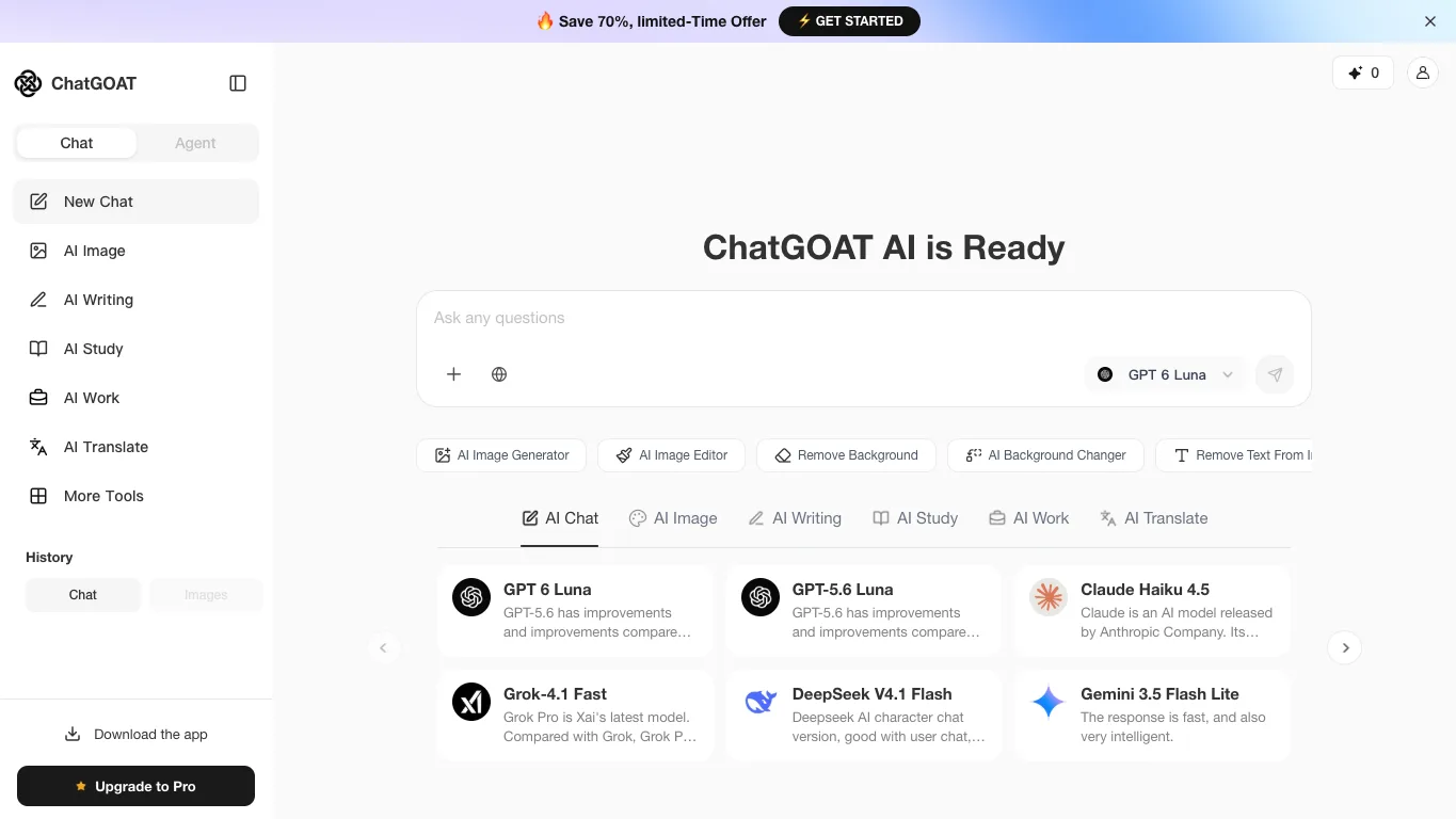 ChatGOAT AI official homepage screenshot