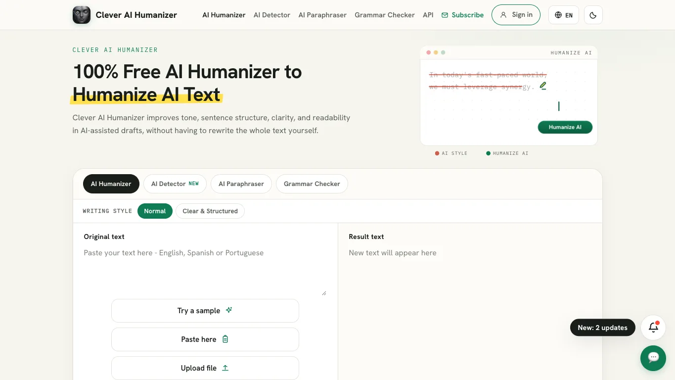 Clever AI Humanizer official homepage screenshot