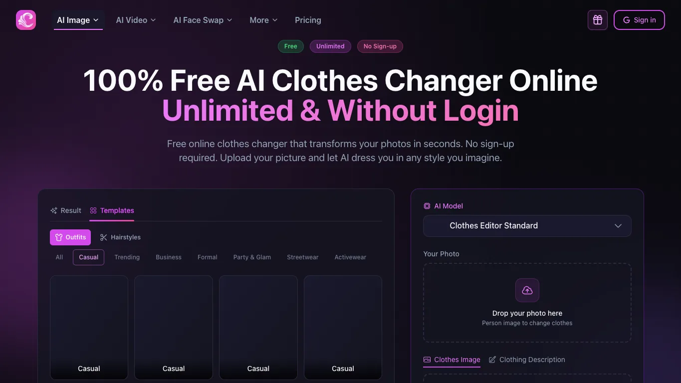 AI Clothes Changer official homepage screenshot