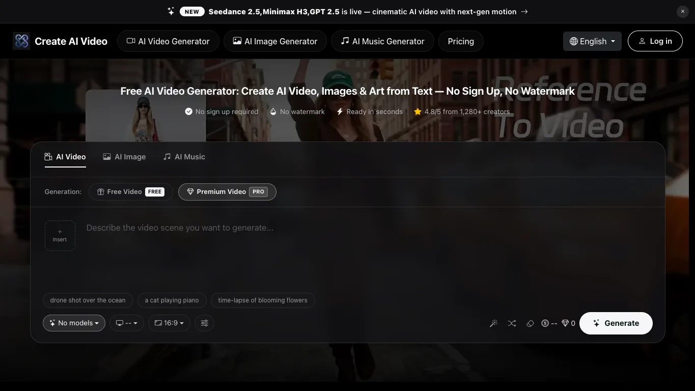 Create AI Video official homepage screenshot