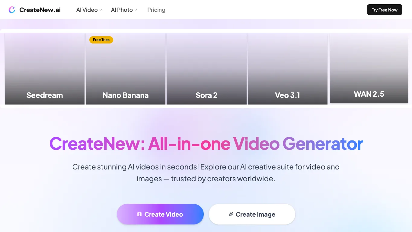 CreateNew AI official homepage screenshot