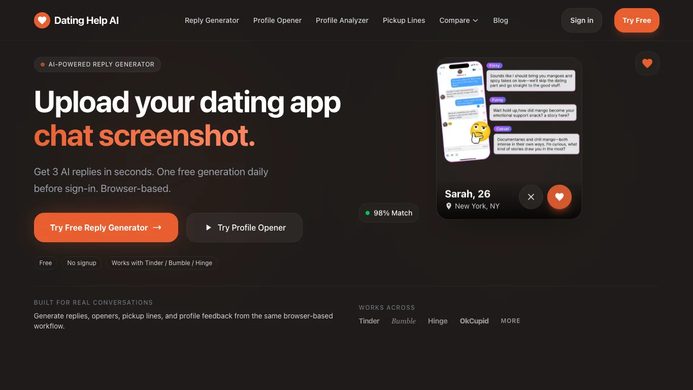Dating Help AI official homepage screenshot