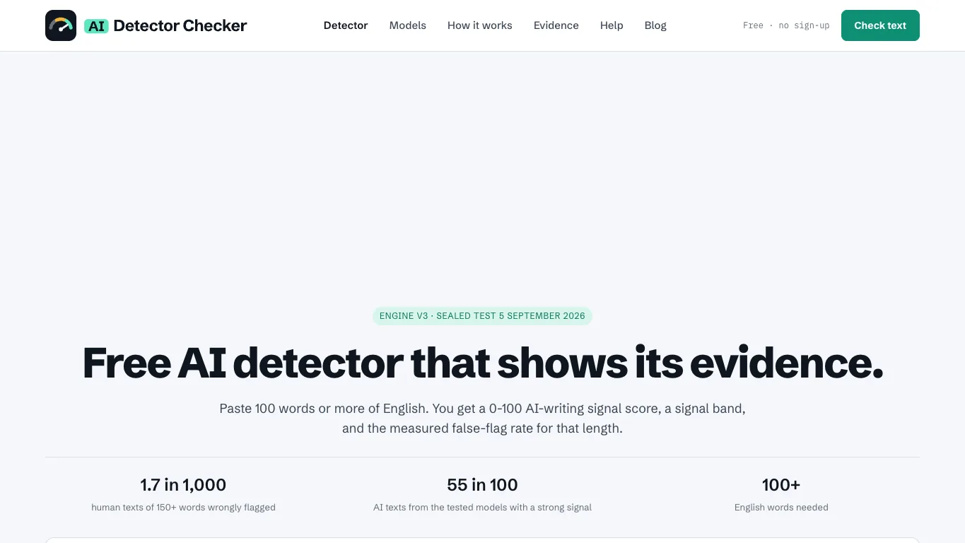 AI Detector Checker official homepage screenshot