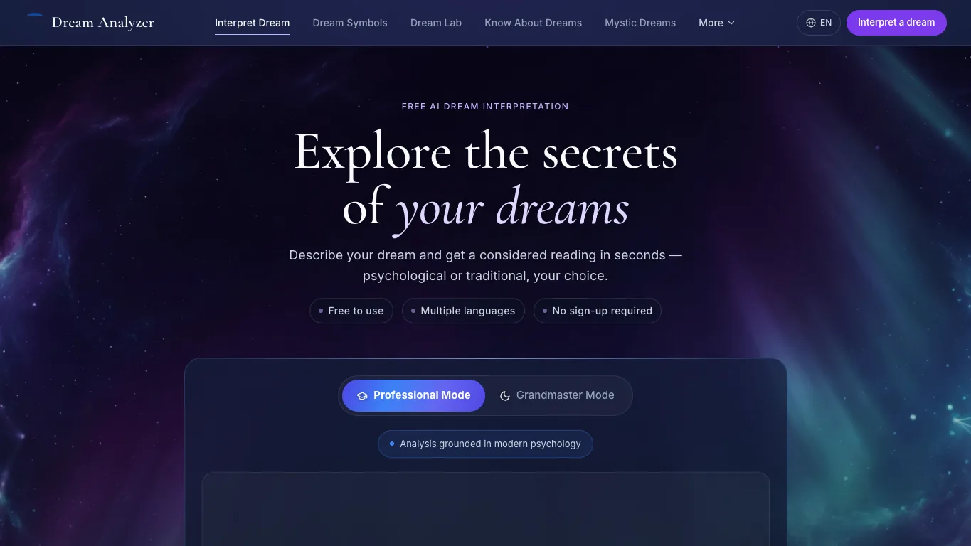 Dream Analyzer official homepage screenshot