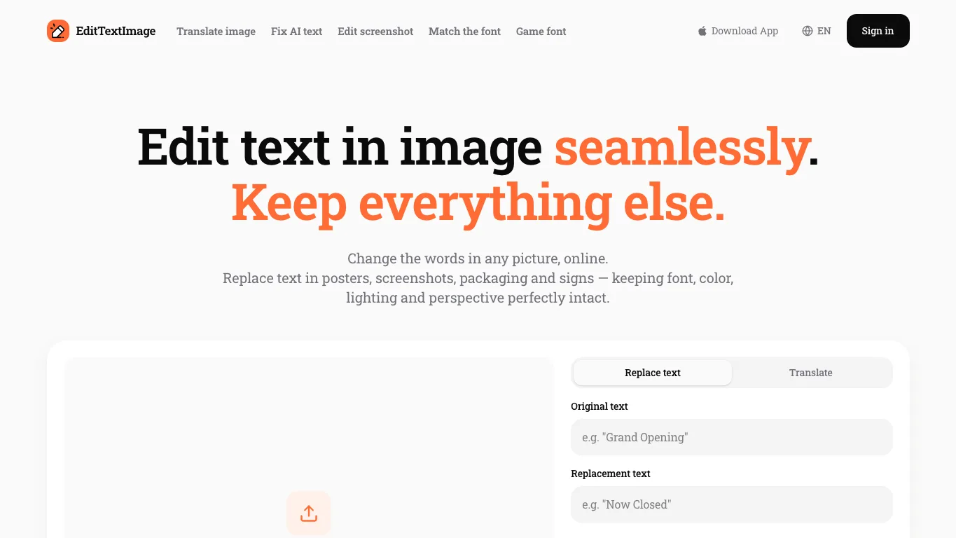 Edit Text in Image official homepage screenshot