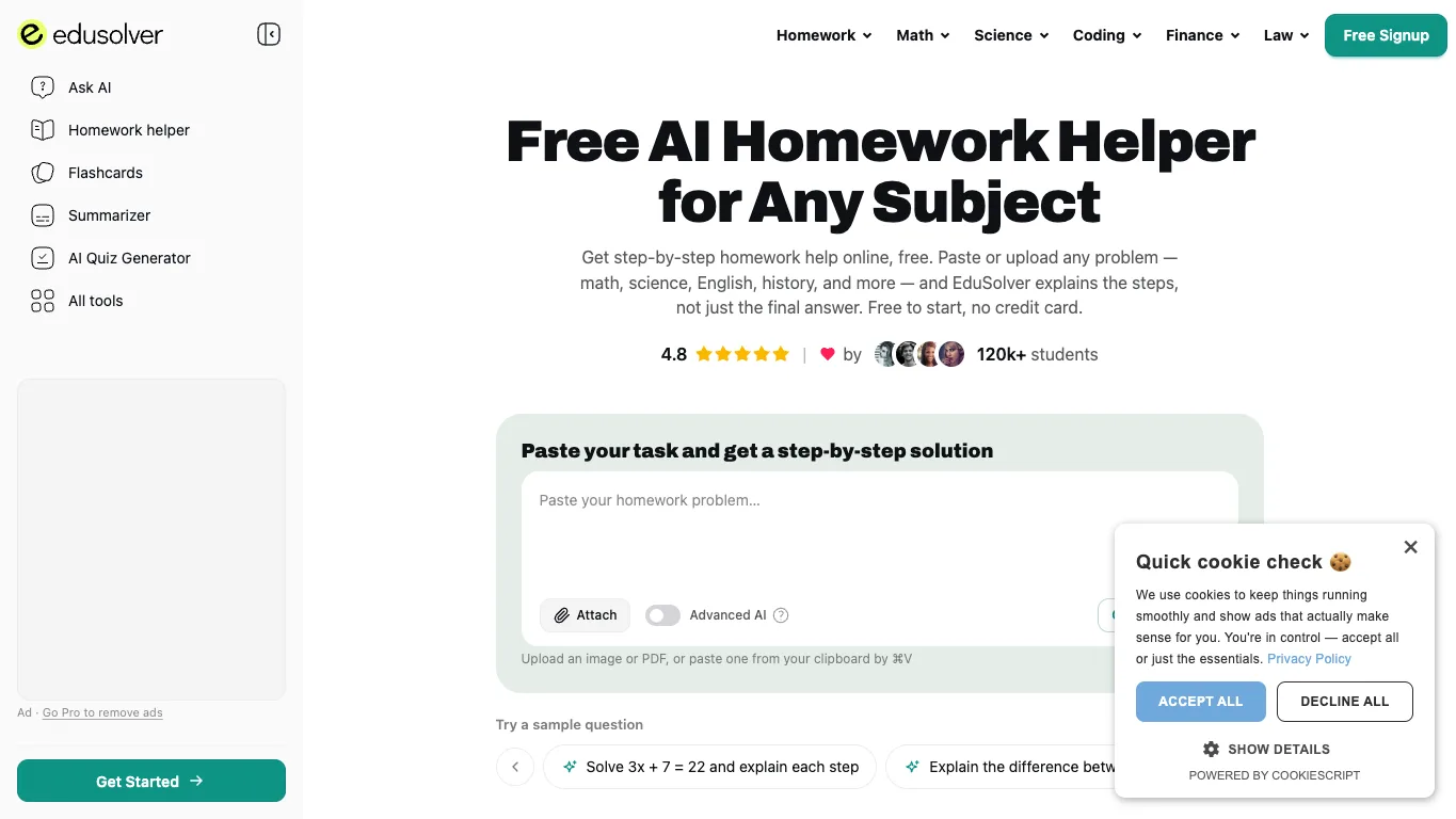 EduSolver official homepage screenshot