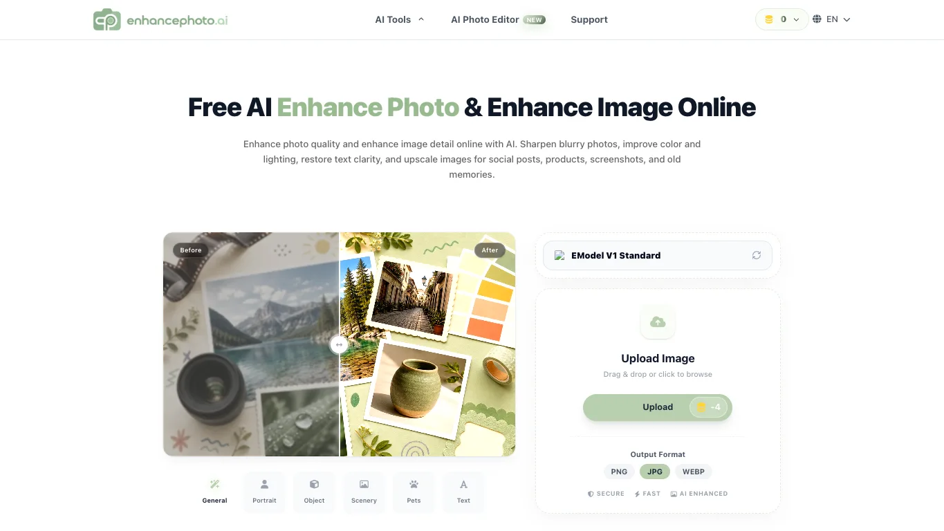 EnhancePhoto.ai official homepage screenshot