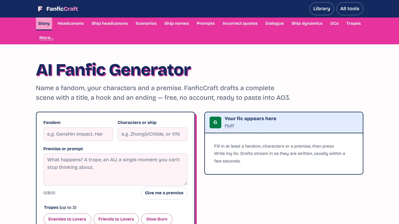FanficCraft official homepage screenshot
