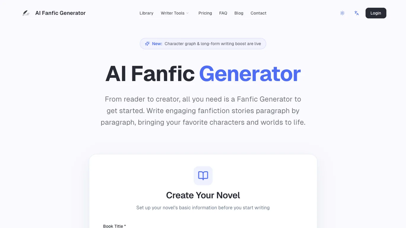 AI Fanfic Generator official homepage screenshot
