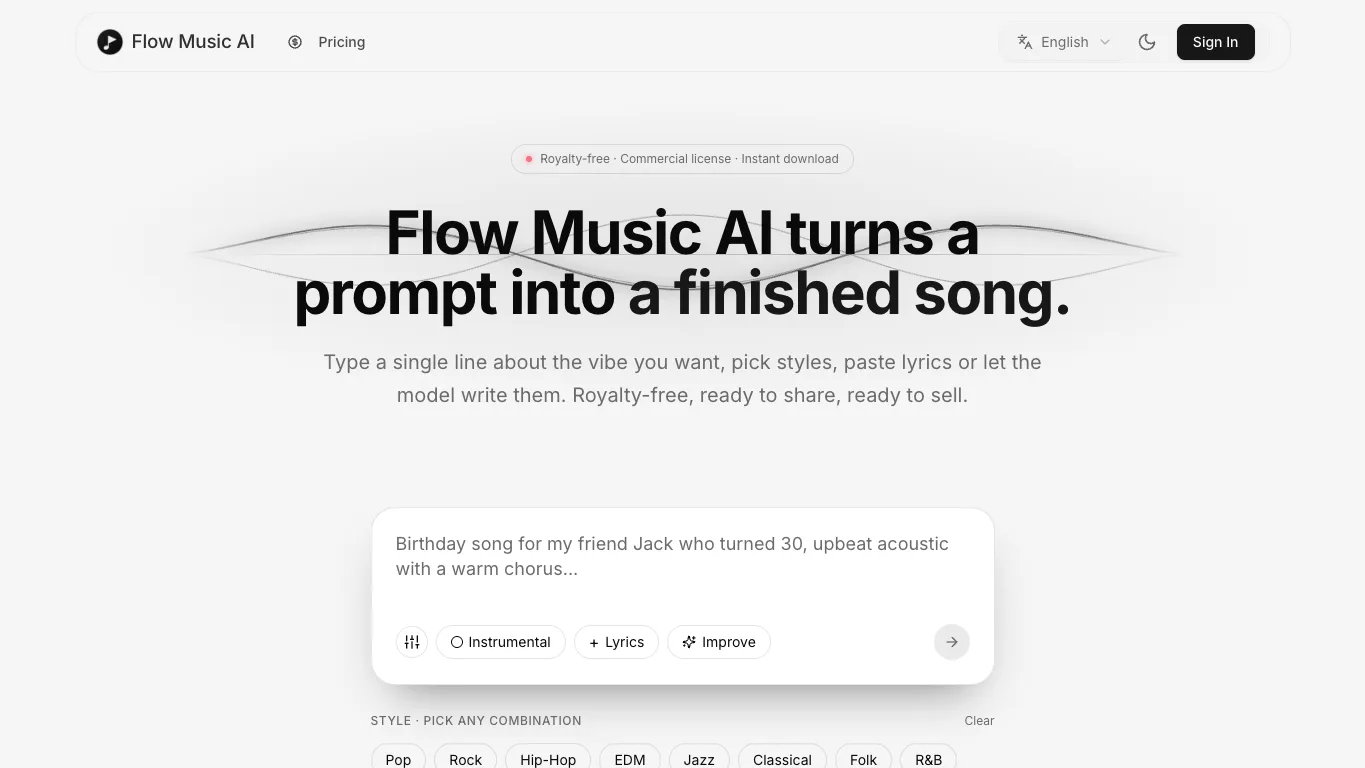 Flow Music AI official homepage screenshot
