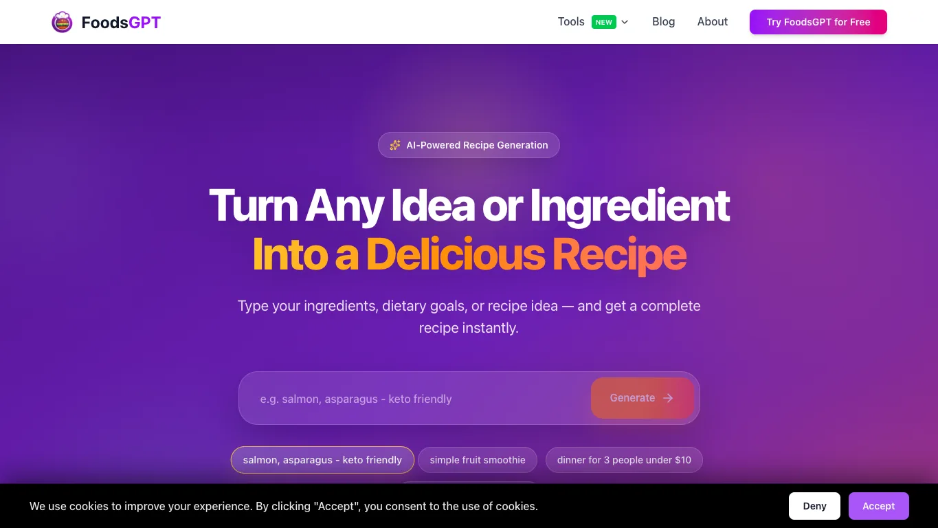 FoodsGPT official homepage screenshot