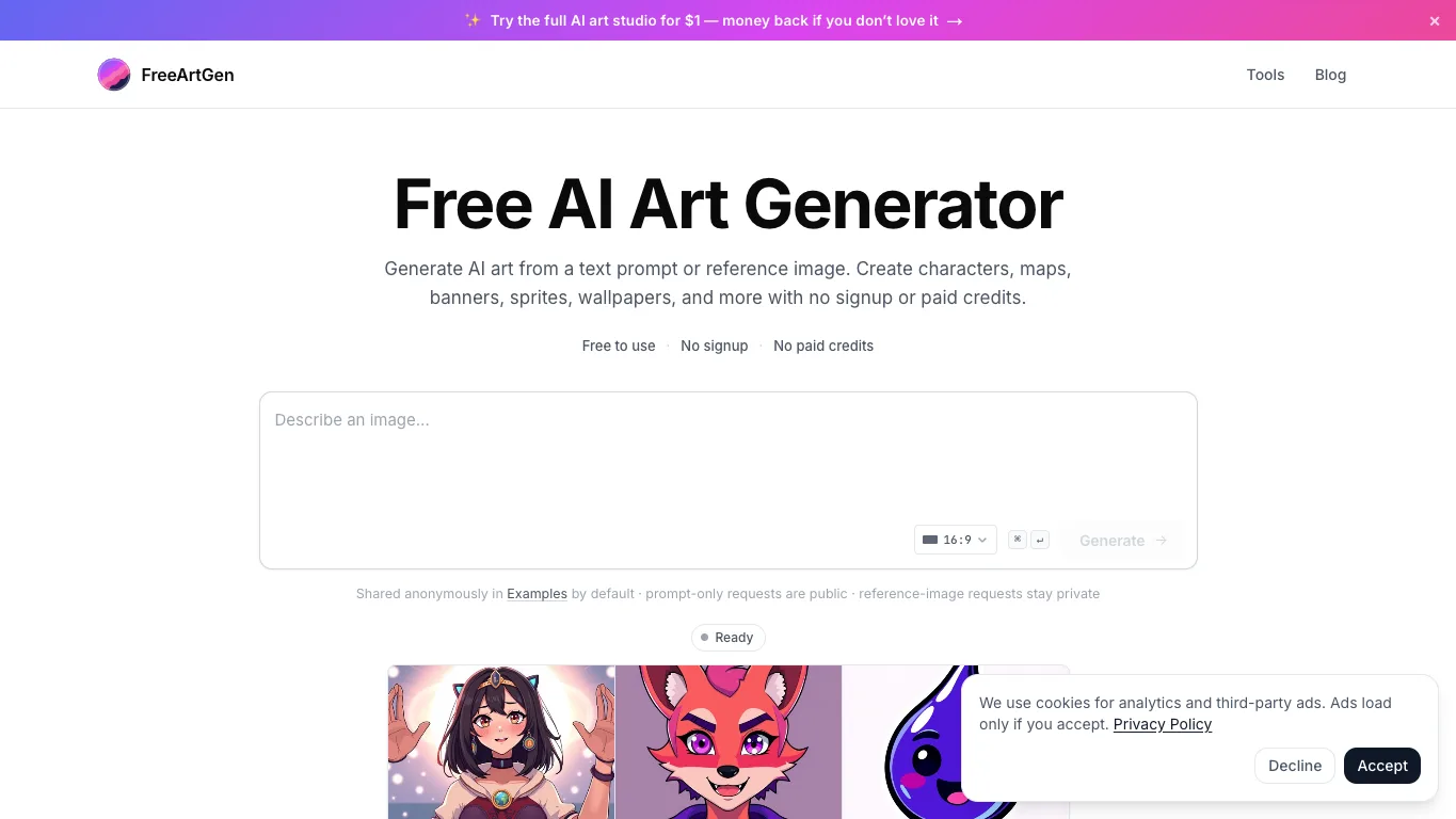 FreeArtGen official homepage screenshot