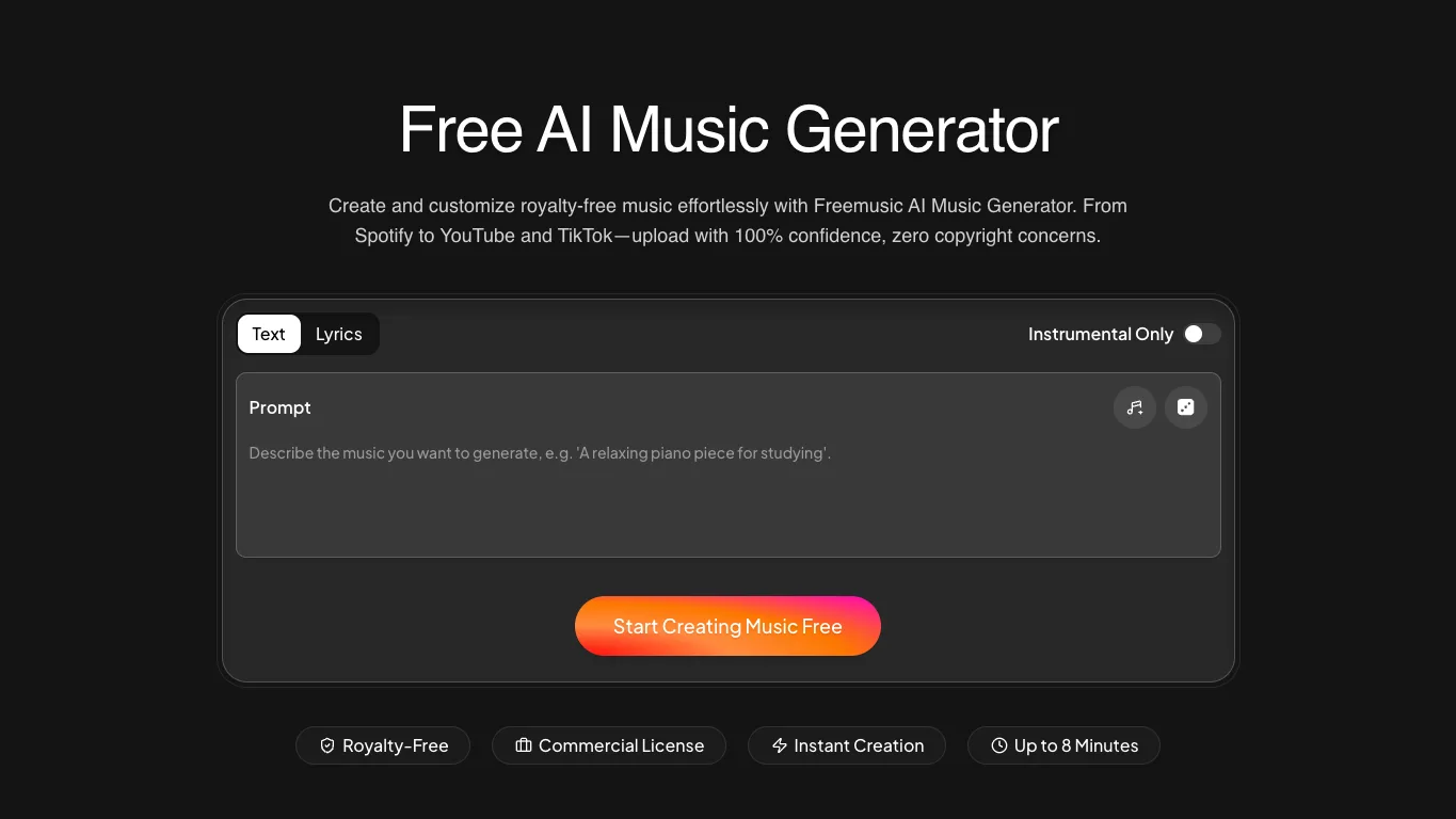FreeMusic AI official homepage screenshot