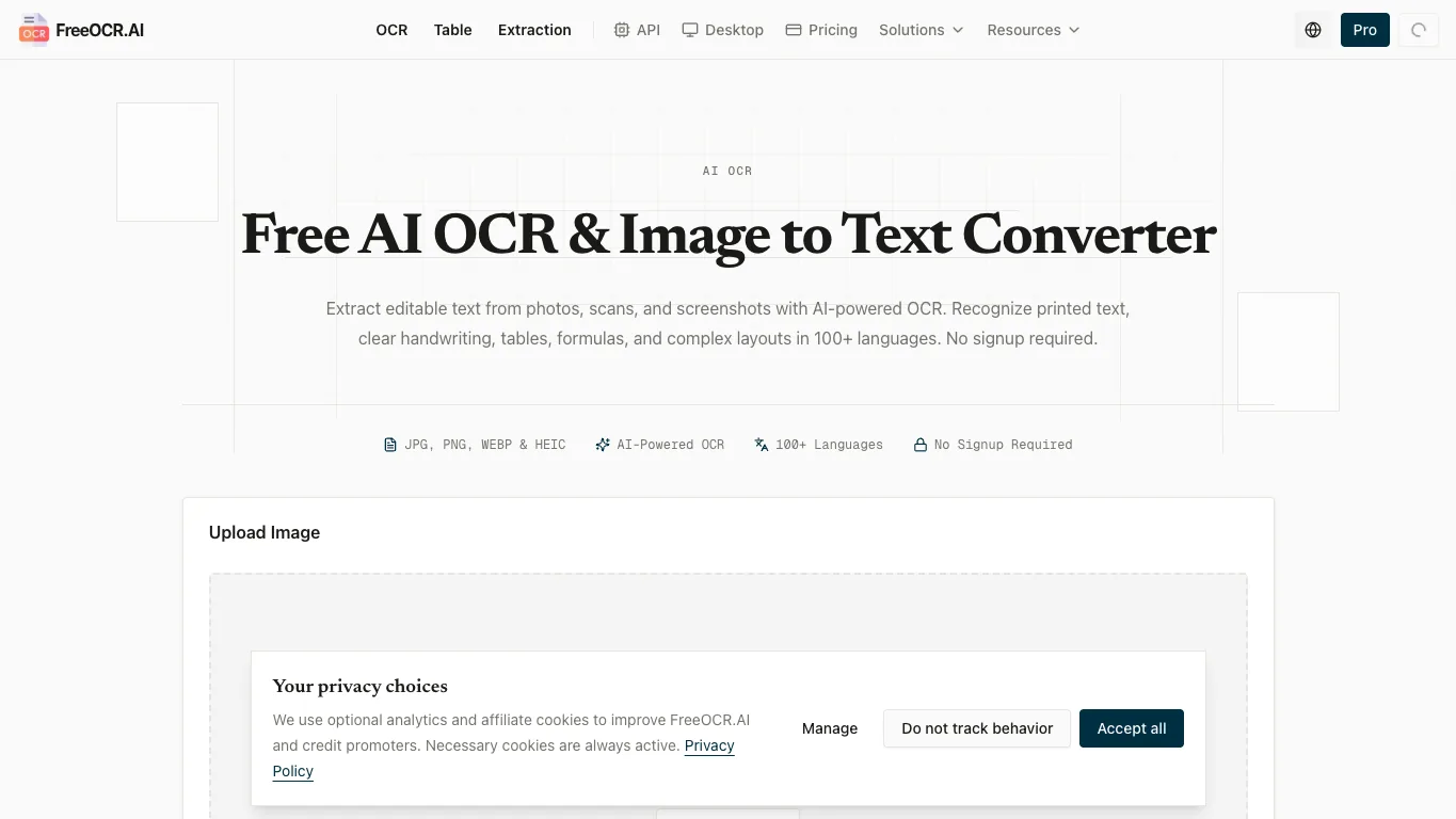 FreeOCR.AI official homepage screenshot