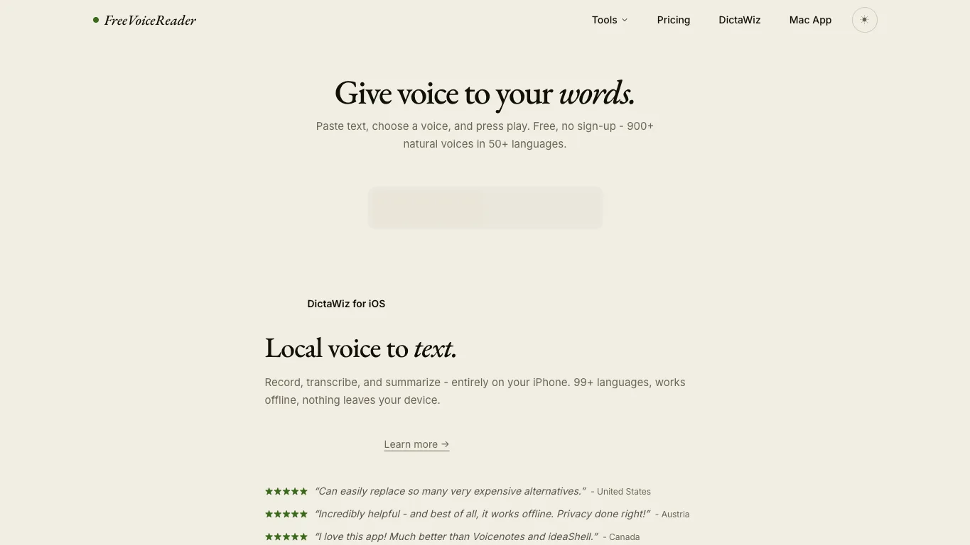 Free Voice Reader official homepage screenshot