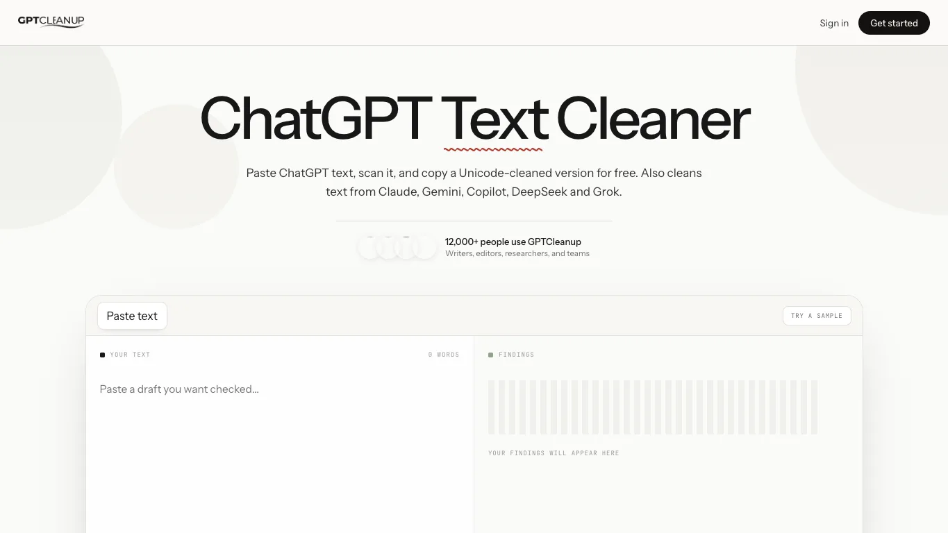 GPTCleanup official homepage screenshot