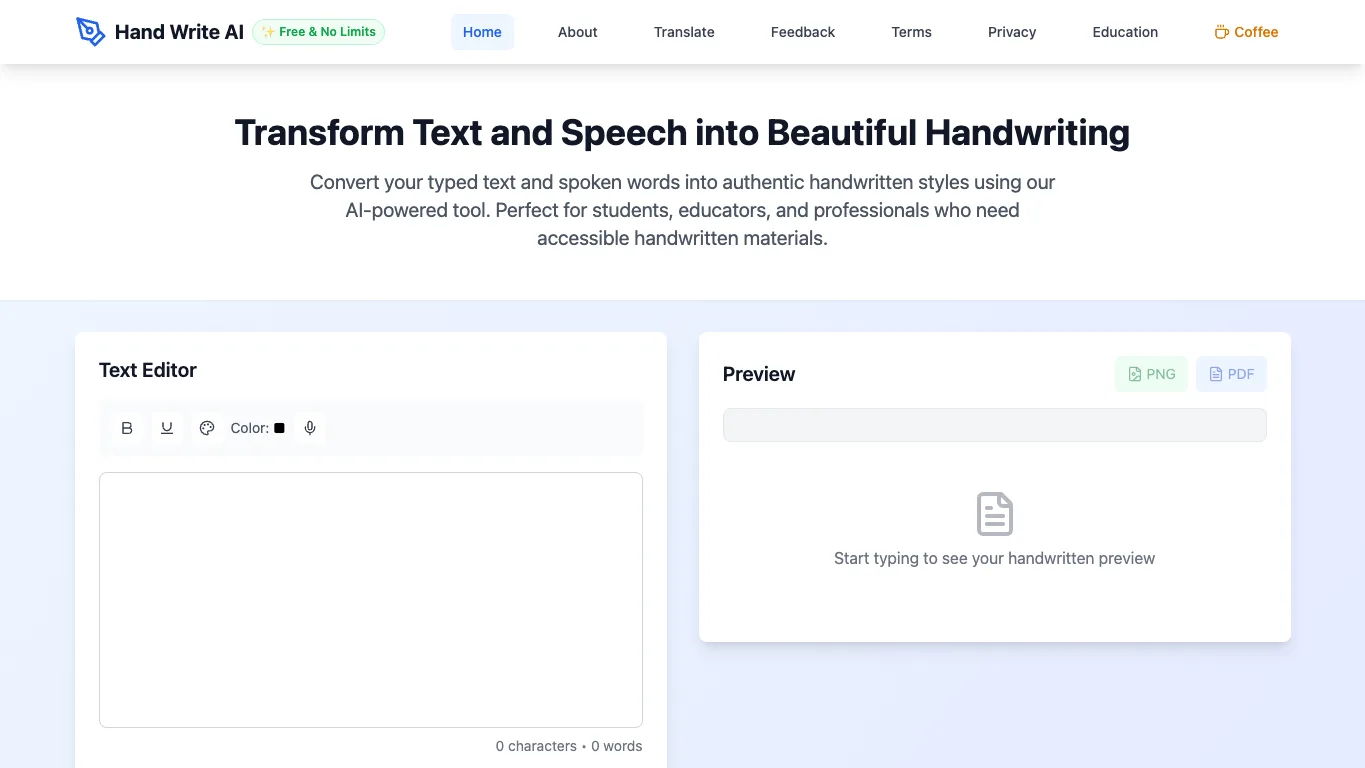 Hand Write AI official homepage screenshot