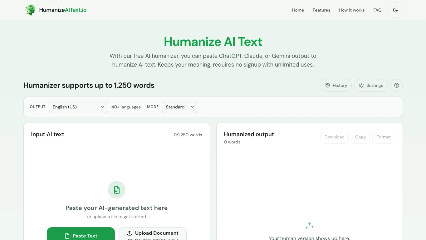 Humanize AI Text official homepage screenshot