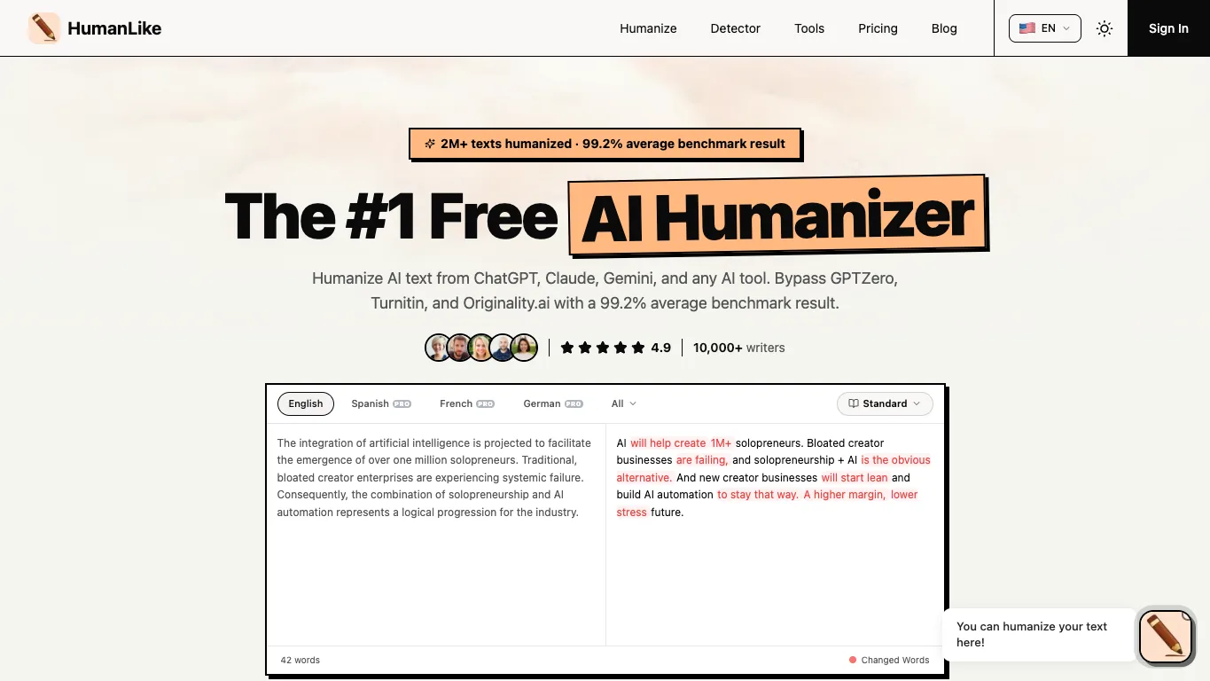 HumanLike official homepage screenshot