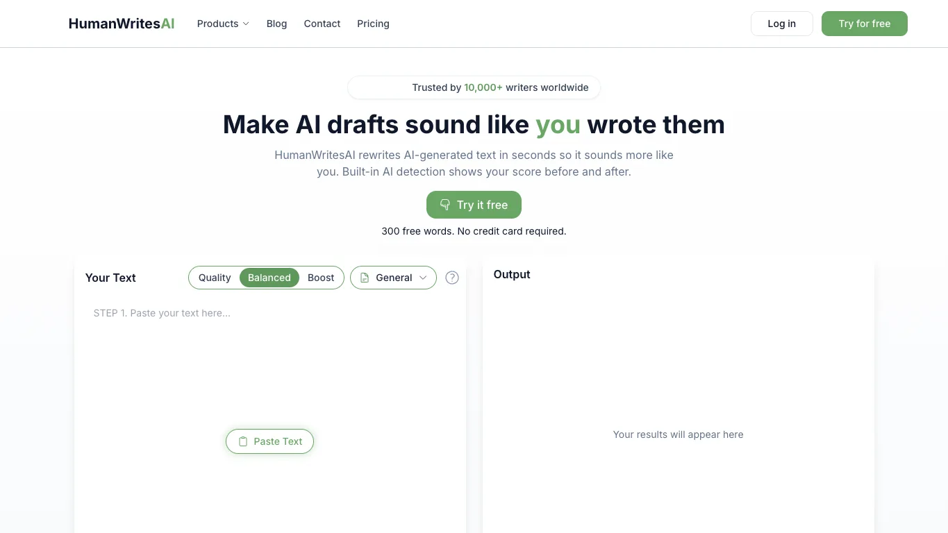 HumanWritesAI official homepage screenshot