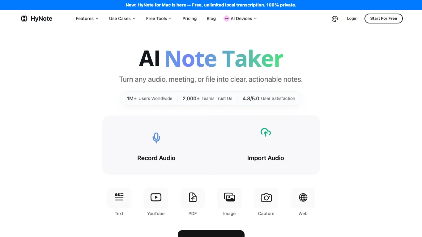 HyNote official homepage screenshot