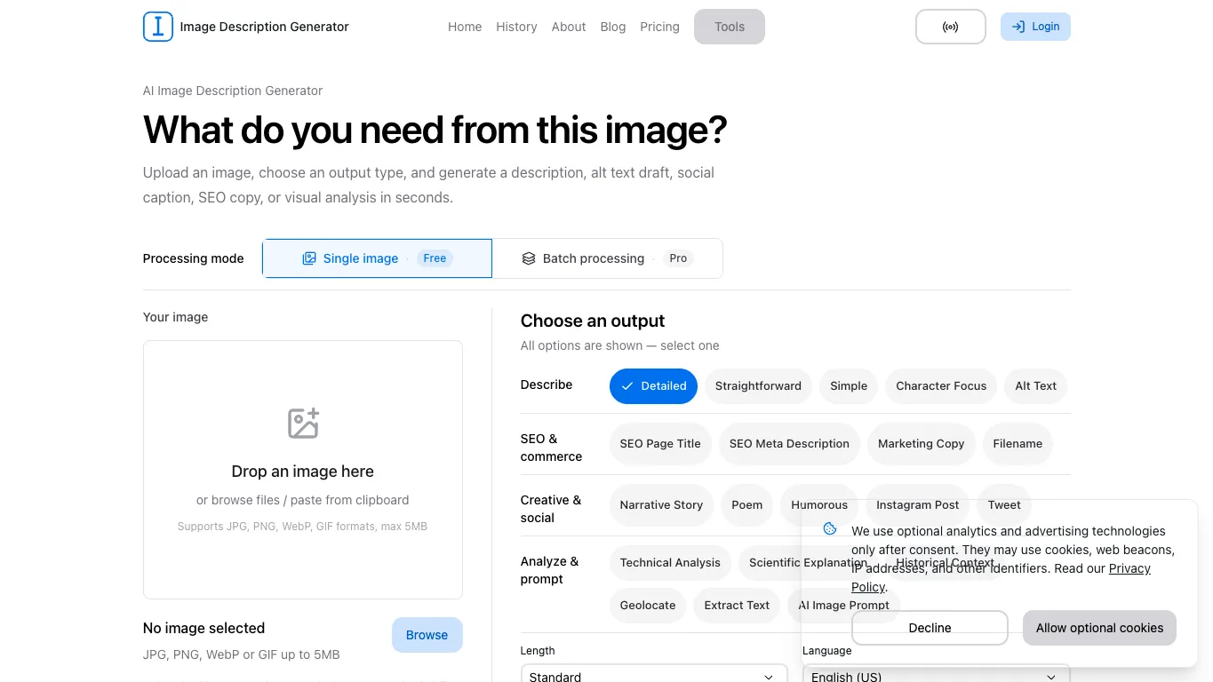 AI Image Description Generator official homepage screenshot